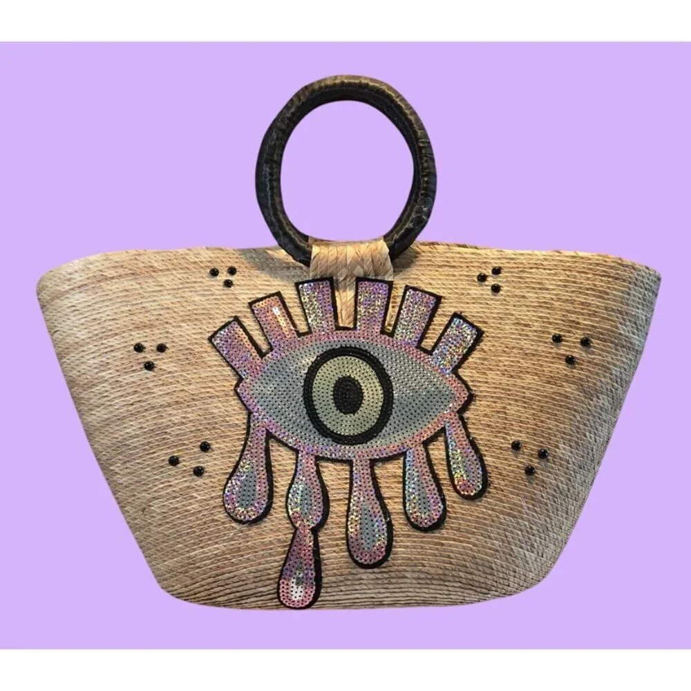 Vintage Handcrafted Straw "Evil Eye" Purple Sequin Beach Tote Purs - Picture 2 of 16